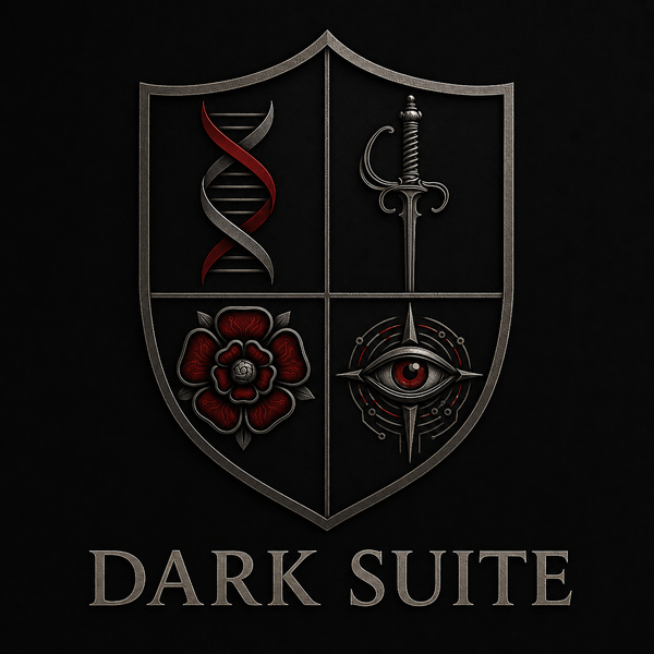 DarkSuite crest — a shield charged with a DNA helix, a rapier and a rose